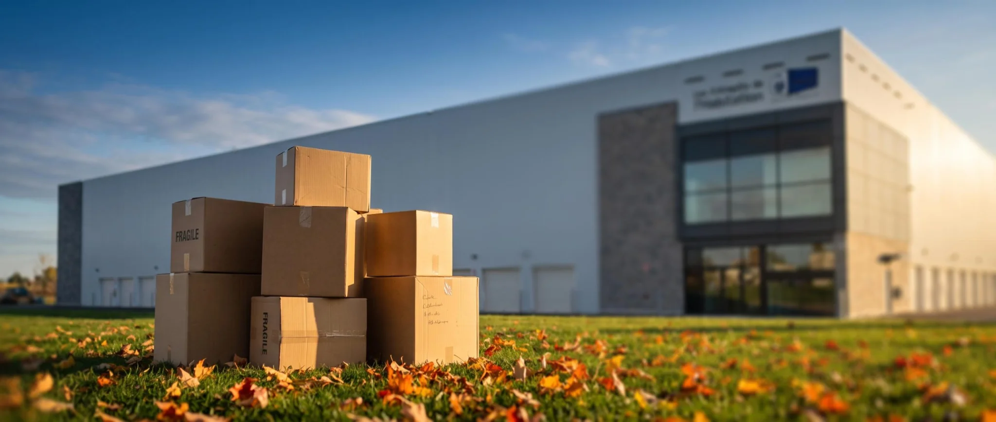 Cartons de déménagement, fournitures scolaires et sac à dos devant un entrepôt moderne, illustrant un service d'entreposage ou de déménagement.