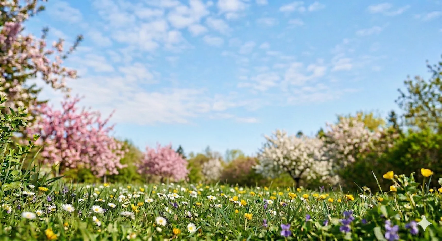 Prairie fleurie au printemps avec de petites fleurs blanches, jaunes et violettes au premier plan.